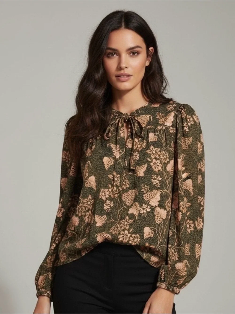 Ulla Johnson Tillie Blouse BalsamGreen & Peach Floral Tie-Neck Blouse size 8